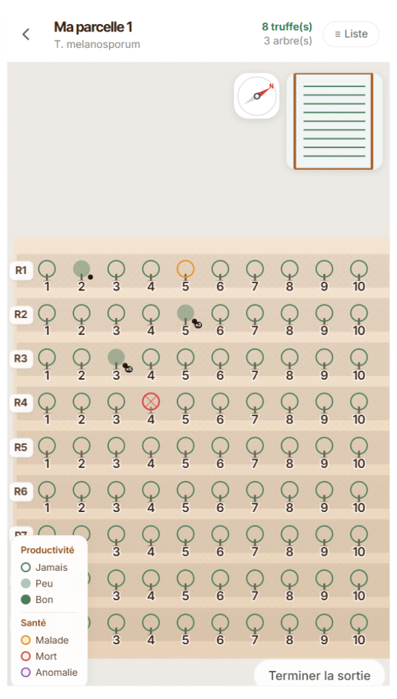 Application TrufTerra sur smartphone : plan de la truffière arbre par arbre