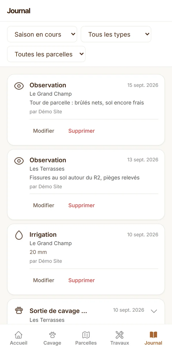 Journal des interventions de la truffière dans l'application TrufTerra
