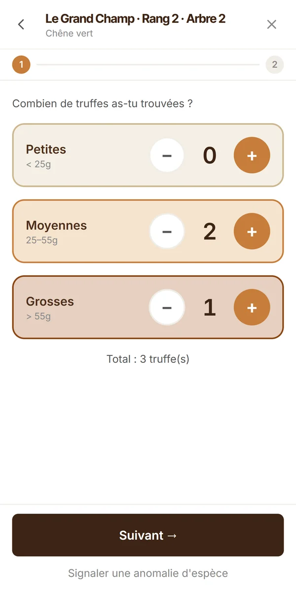 Écran TrufTerra de saisie d'une récolte : nombre de truffes par calibre